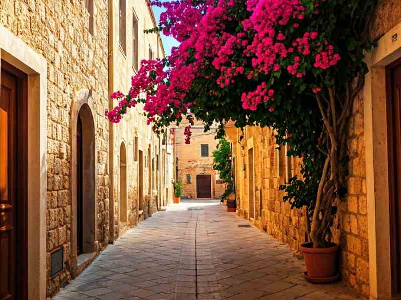 Blumengeschmückte Altstadtgasse in Rethymno auf Kreta Blumengeschmückte Altstadtgasse in Rethymno auf Kreta